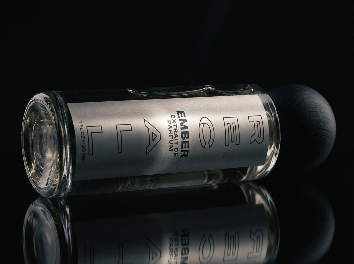 A clear glass bottle of Recall EMBER PARFUM fragrance with a silver label and a black cap, resting on a reflective black surface against a dark background.