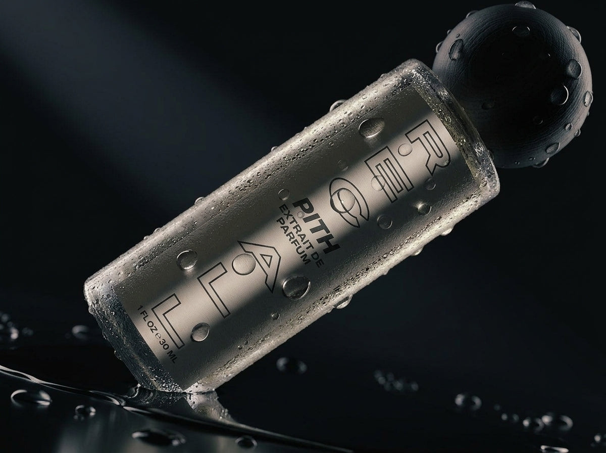 A clear cylindrical bottle of PITH  Extrait de Parfum with a black spherical cap, covered in water droplets and shown on a dark reflective surface.
