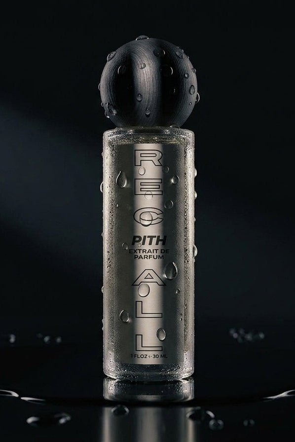 A clear cylindrical bottle of Pith extrait de parfum with a dark spherical cap, shown on a glossy black surface with water droplets and a dark background.